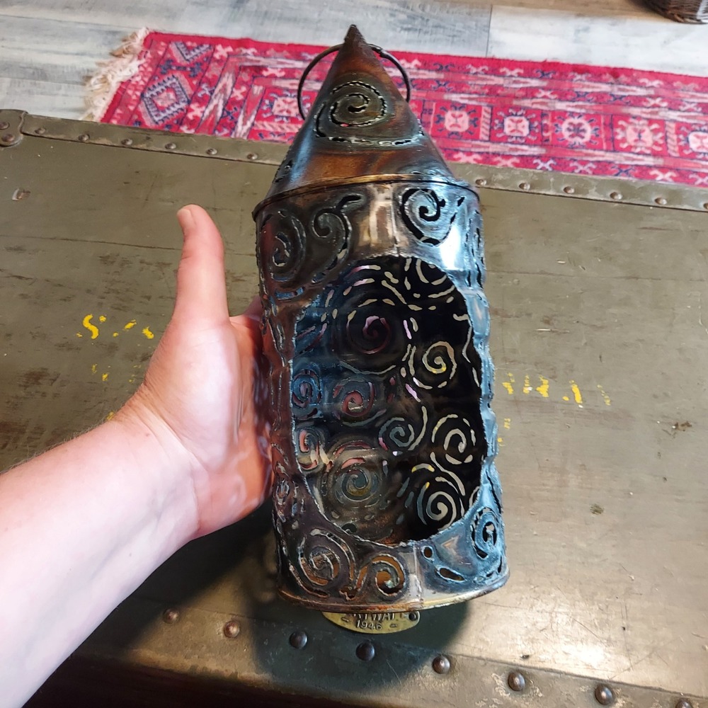 Rustic Metal Spiral Cutout Lantern Candle Holder Weathered Bronze 11 Inch